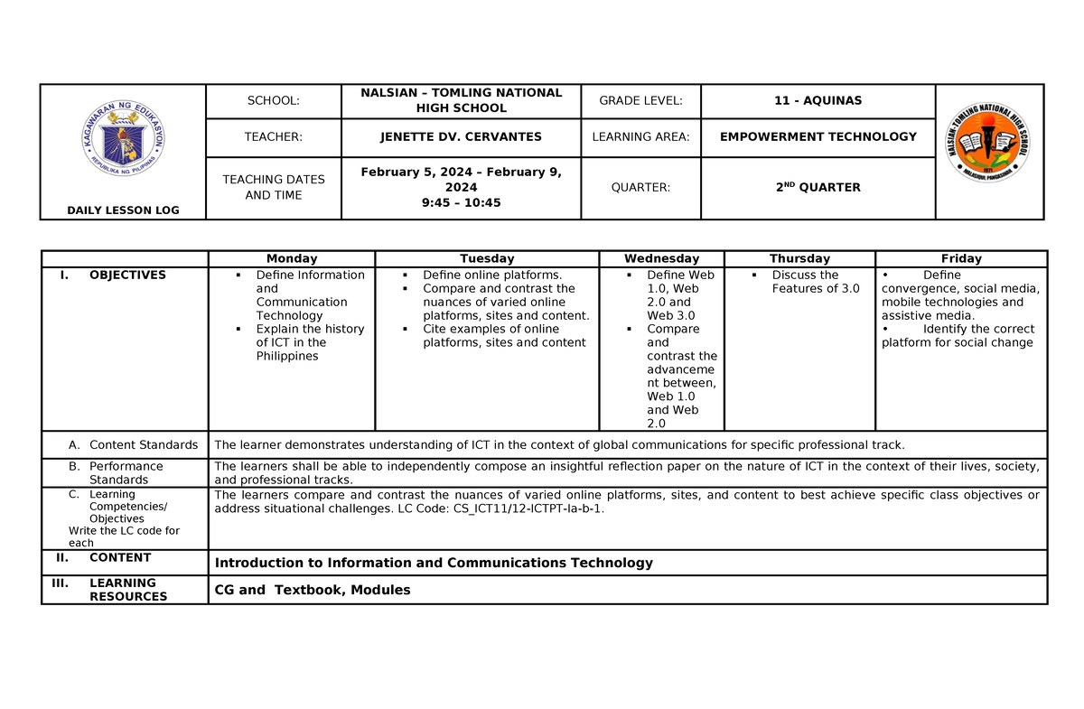 DLL- Empowerment- Technology-W1 - DAILY LESSON LOG SCHOOL: NALSIAN ...