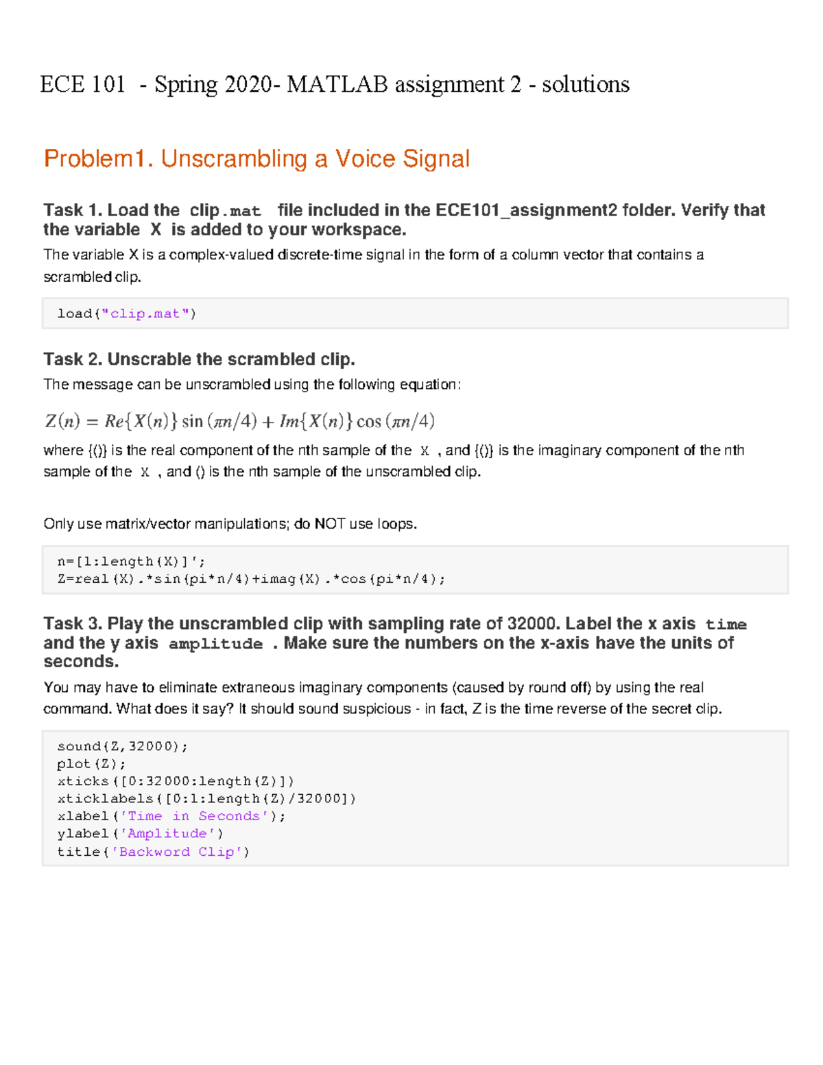 Matlab assignment 2 Problem1. Unscrambling a Voice Signal Task 1