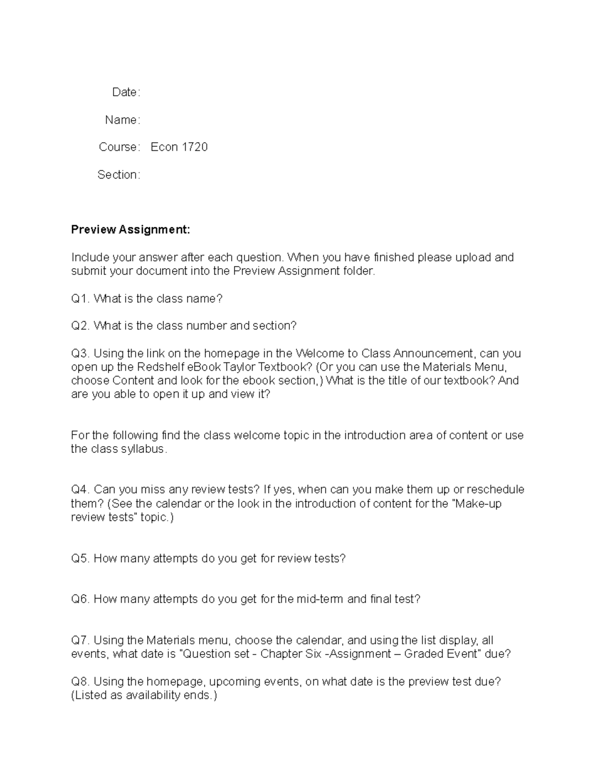 Preview Questions Date Name Course Econ 1720 Section Preview