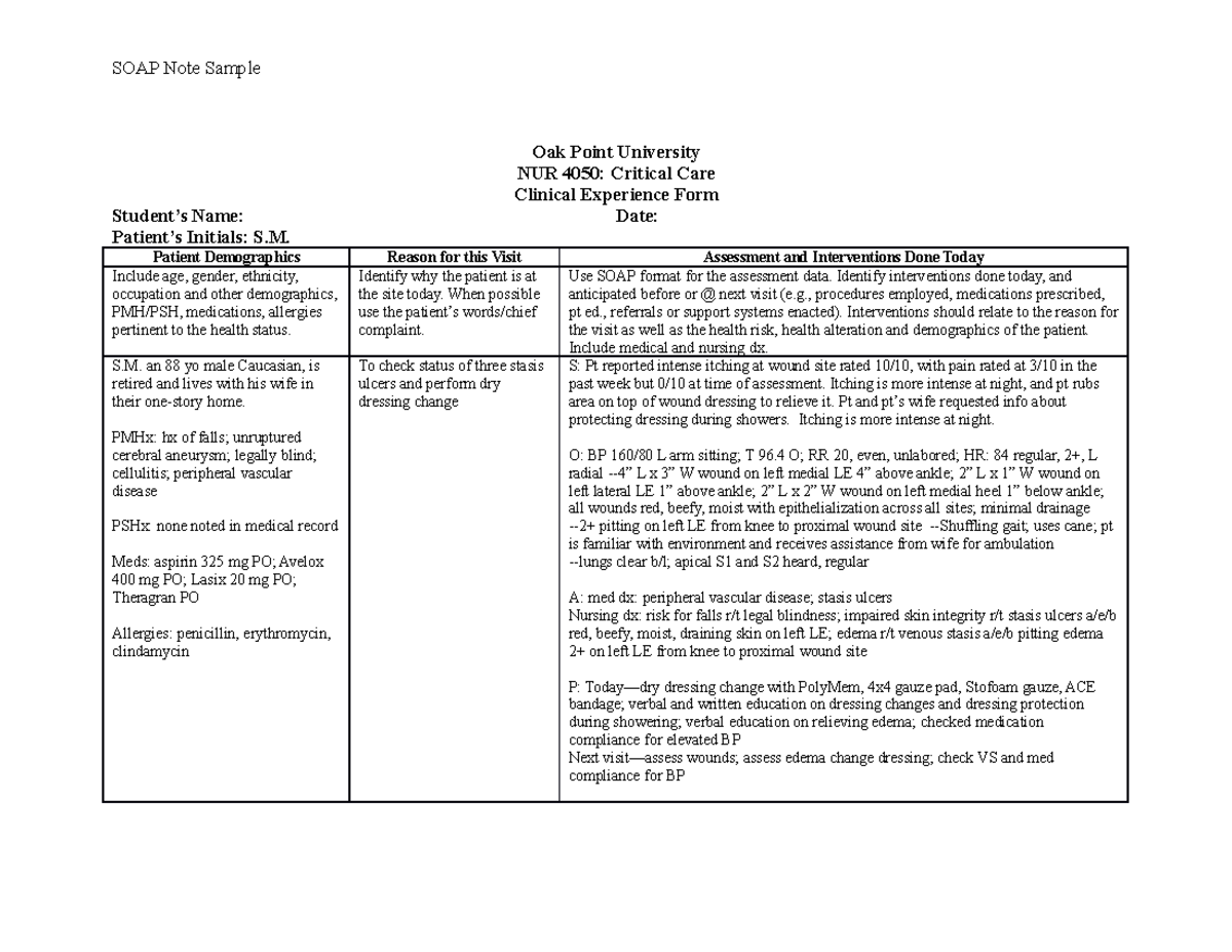 SOAP Note Sample SOAP EXAMPLE NUR 4050 Studocu