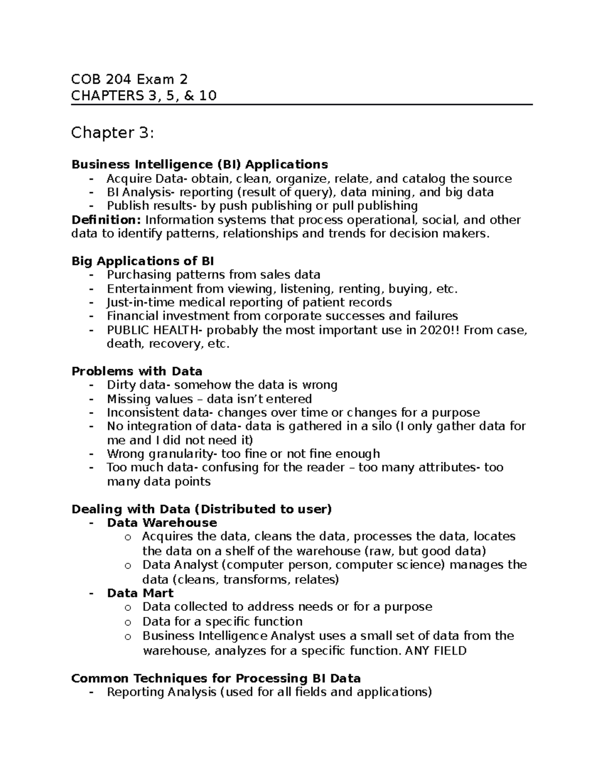 COB 204 Exam 2 - Notes On Chapters 3, 5, And 10 - COB 204 Exam 2 ...