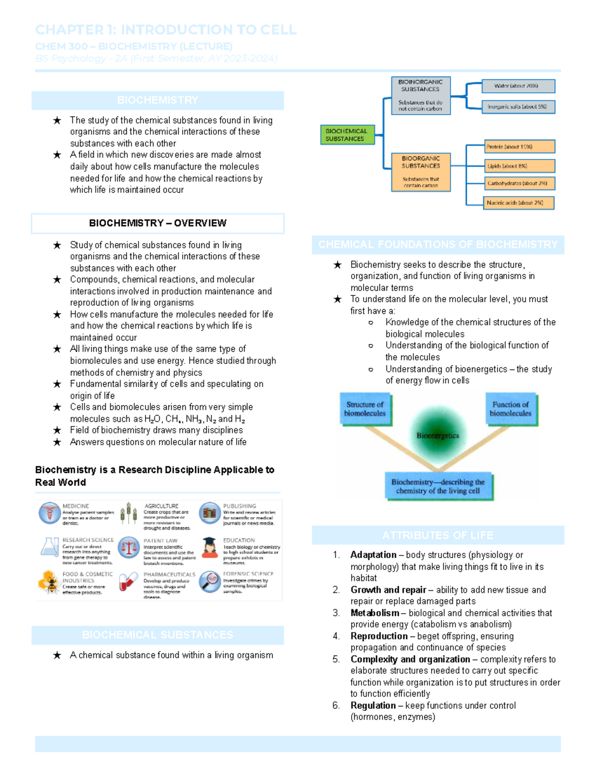 1 CHEM 300 Biochemistry Lecture - CHAPTER 1: INTRODUCTION TO CELL CHEM ...