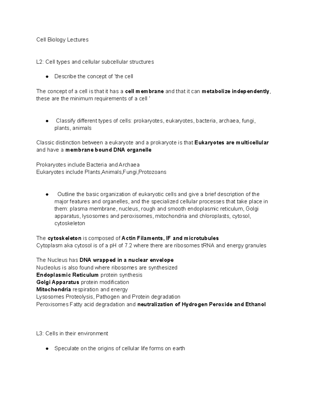 Cell Biology Outlines - 5BBB0209 - KCL - StuDocu