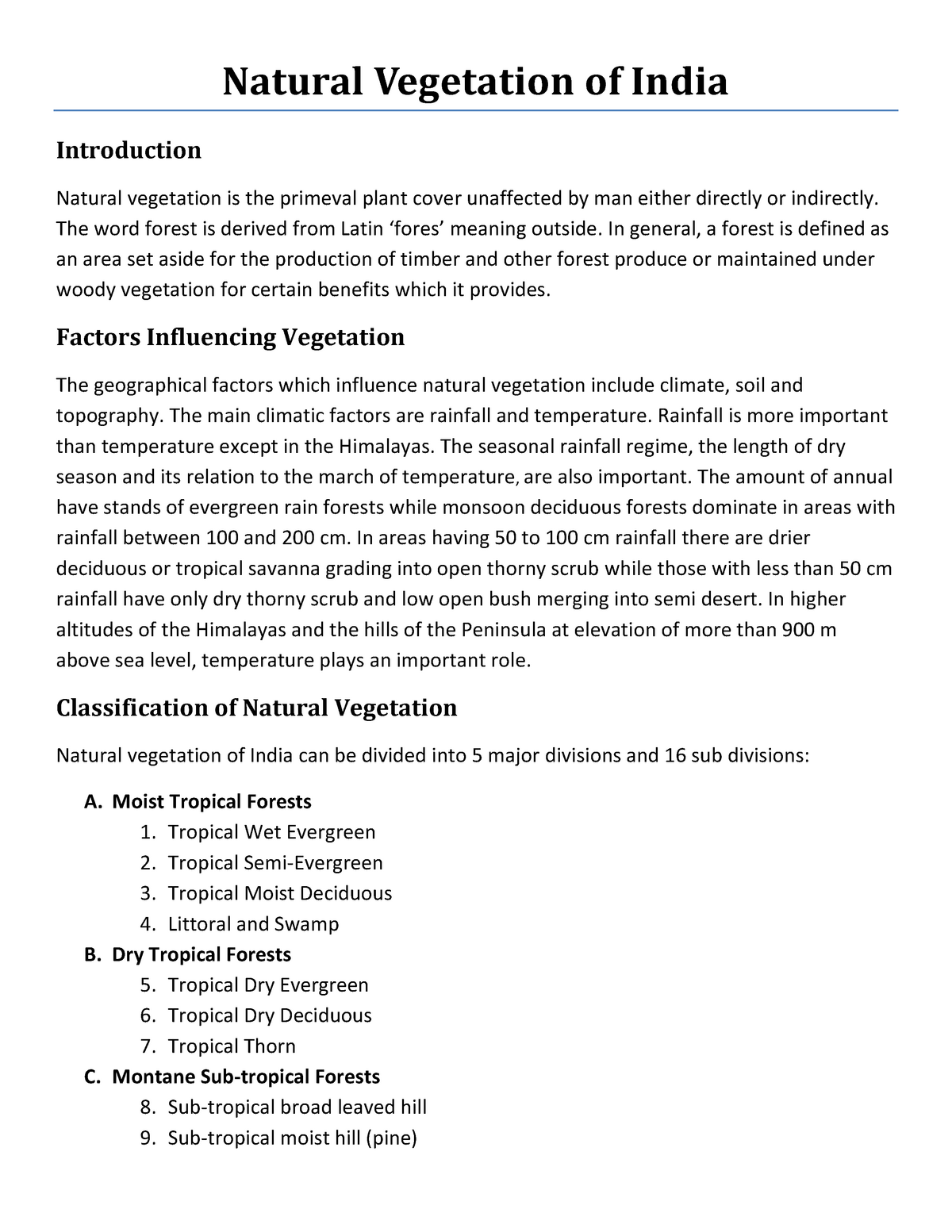 write short essay on natural vegetation