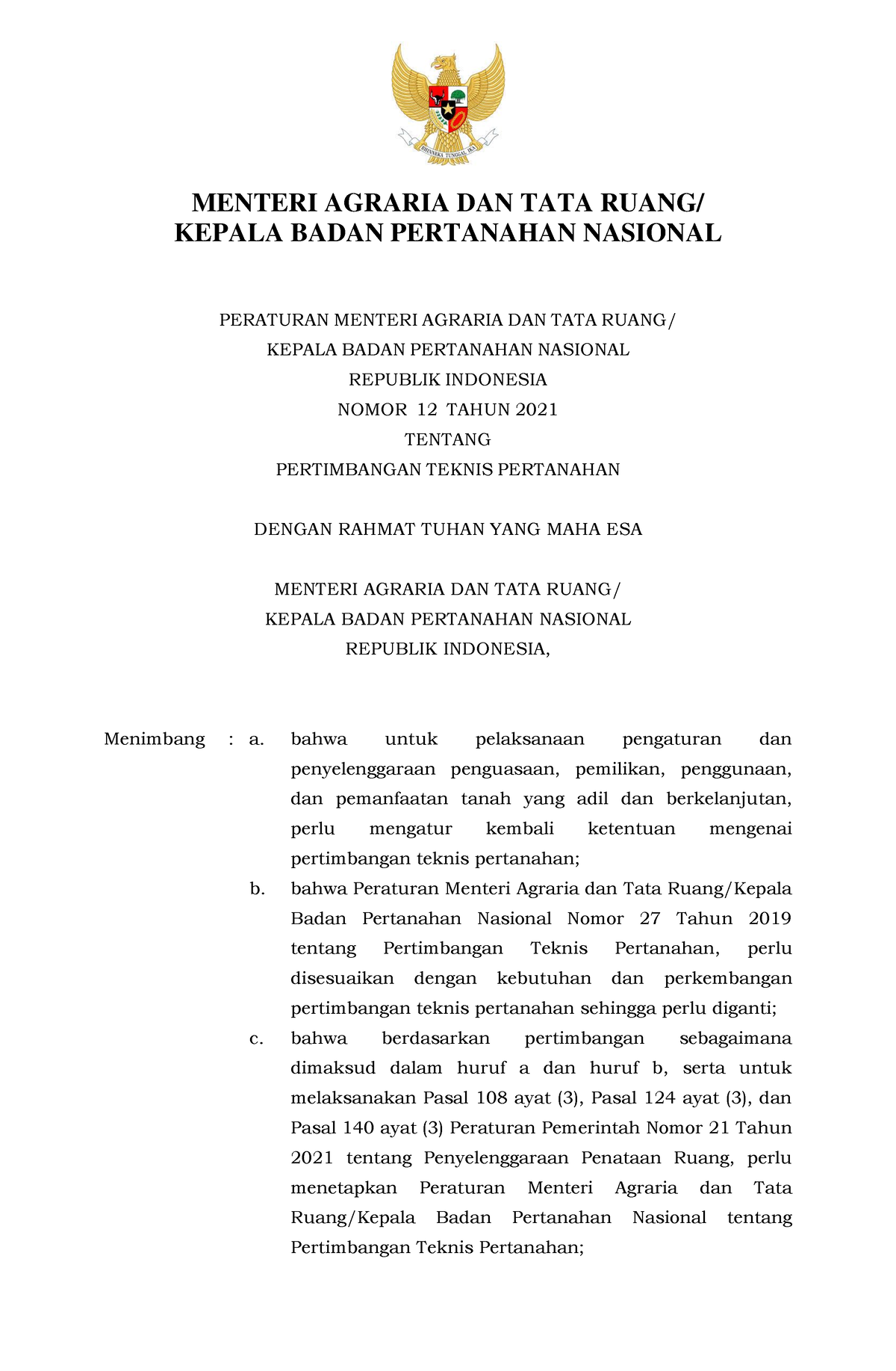 Permen 12 Tahun 2021 Full - MENTERI AGRARIA DAN TATA RUANG/ KEPALA ...