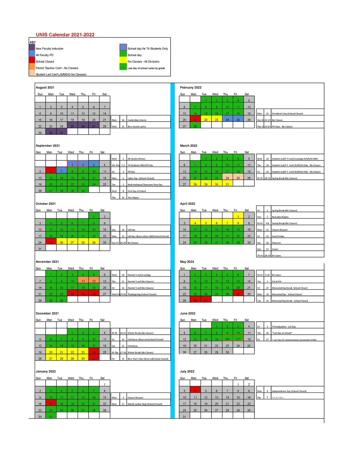 20212022 Holiday Calendar, UNIS UNIS Calendar 2021 KEY New Faculty