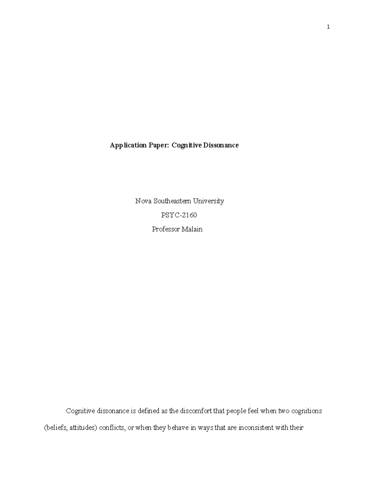 Application Paper Cognitive Dissonance - PSYC-2160 - NSU - Studocu