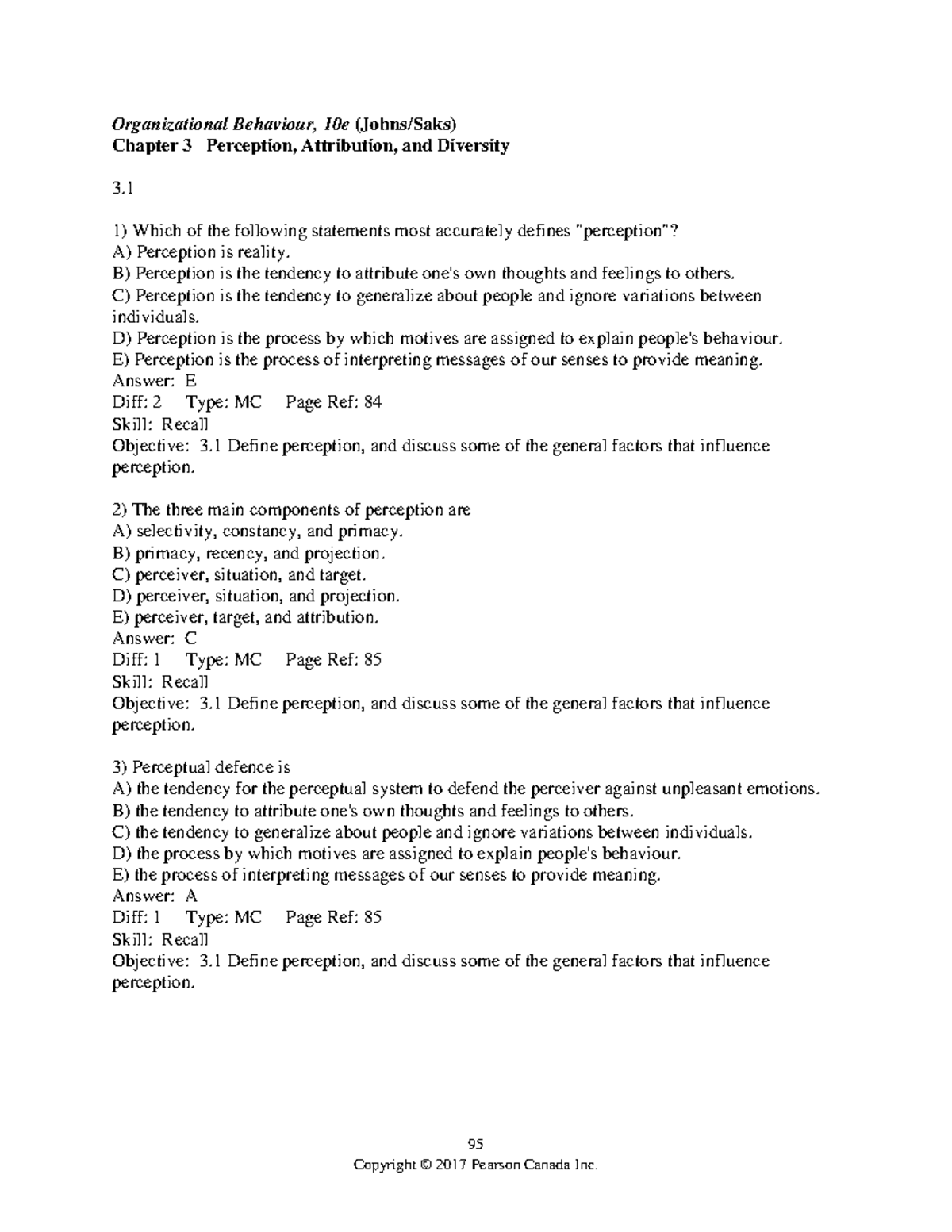 Chapter 3 Test Bank - 95 Organizational Behaviour, 10e (Johns/Saks ...