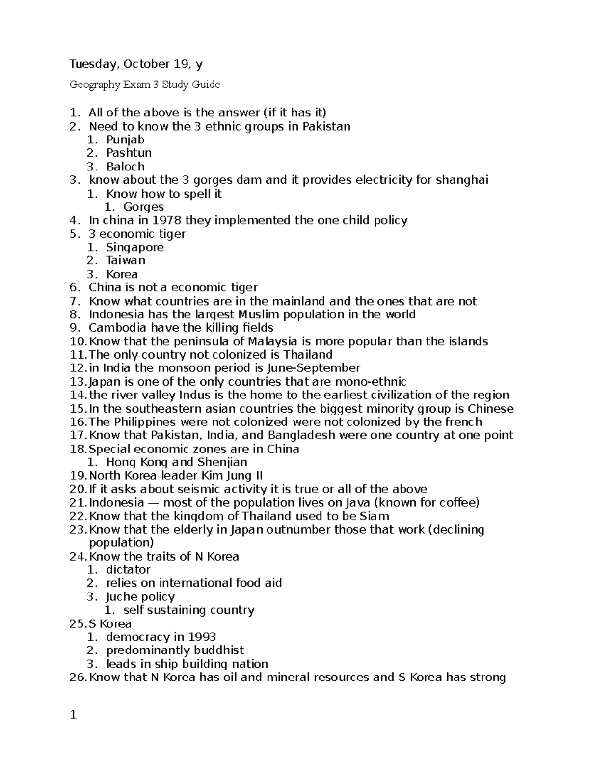 Geography Exam 3 Study Guide Tuesday, October 19, y Geography Exam 3