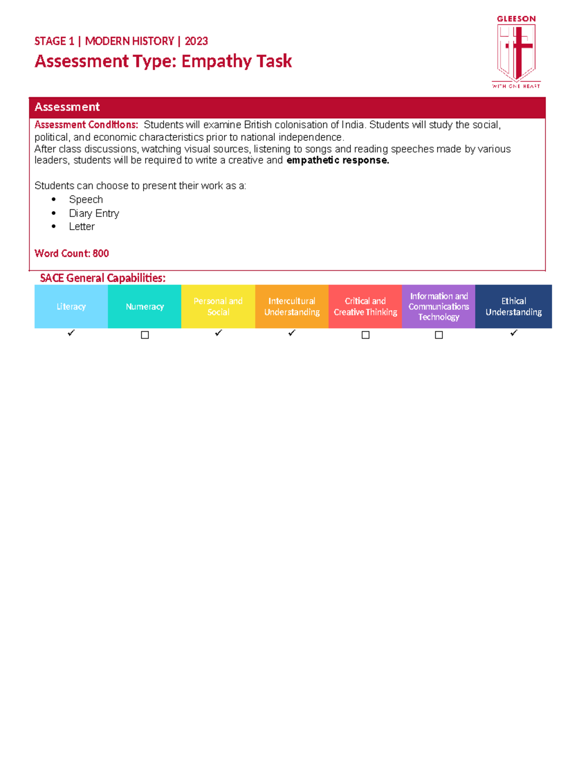 Stage 1 Modern History Empathy Task A Grade - Assessment Type: Empathy ...