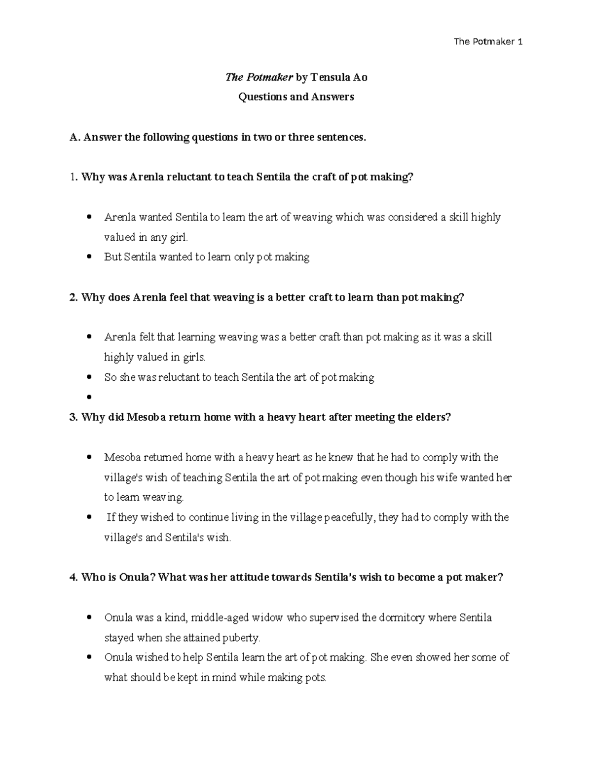 The Potmaker - Notes - The Potmaker by Tensula Ao Questions and Answers ...