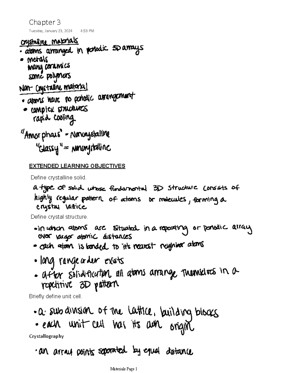 Chapter 3 - EXTENDED LEARNING OBJECTIVES Define crystalline solid ...