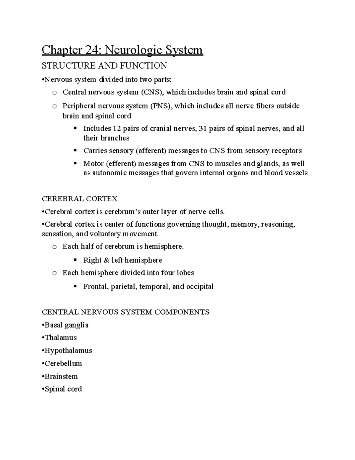 Chapter 24 - Lecture notes 4 - Chapter 24: Neurologic System STRUCTURE ...
