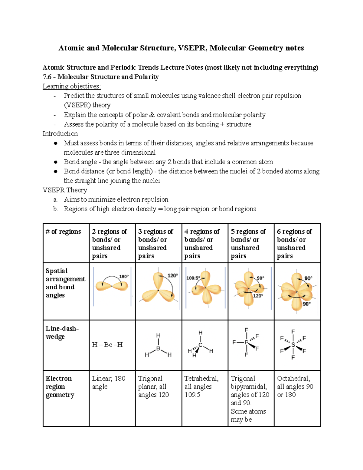 Molecular geometry, Vsepr, polarity notes Atomic and Molecular