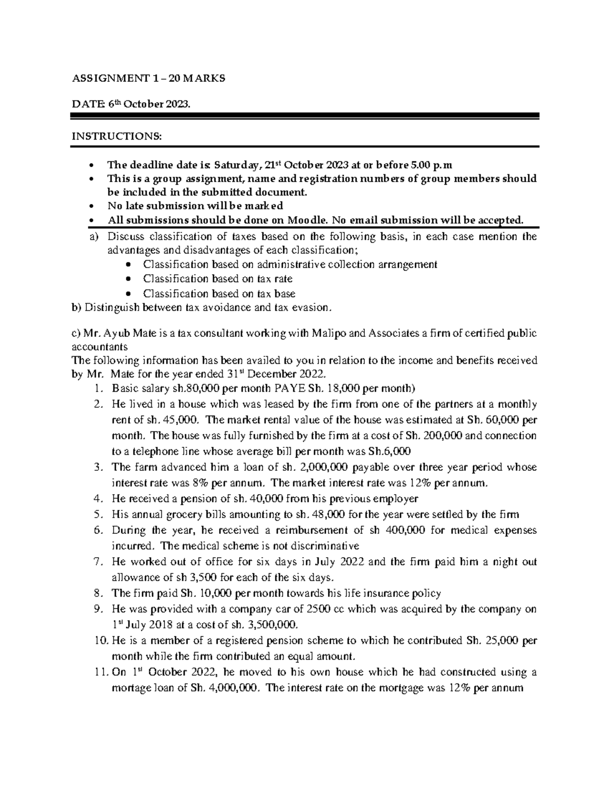 Assignment ONE - ASSIGNMENT 1 – 20 MARKS DATE: 6 th October 2023 ...