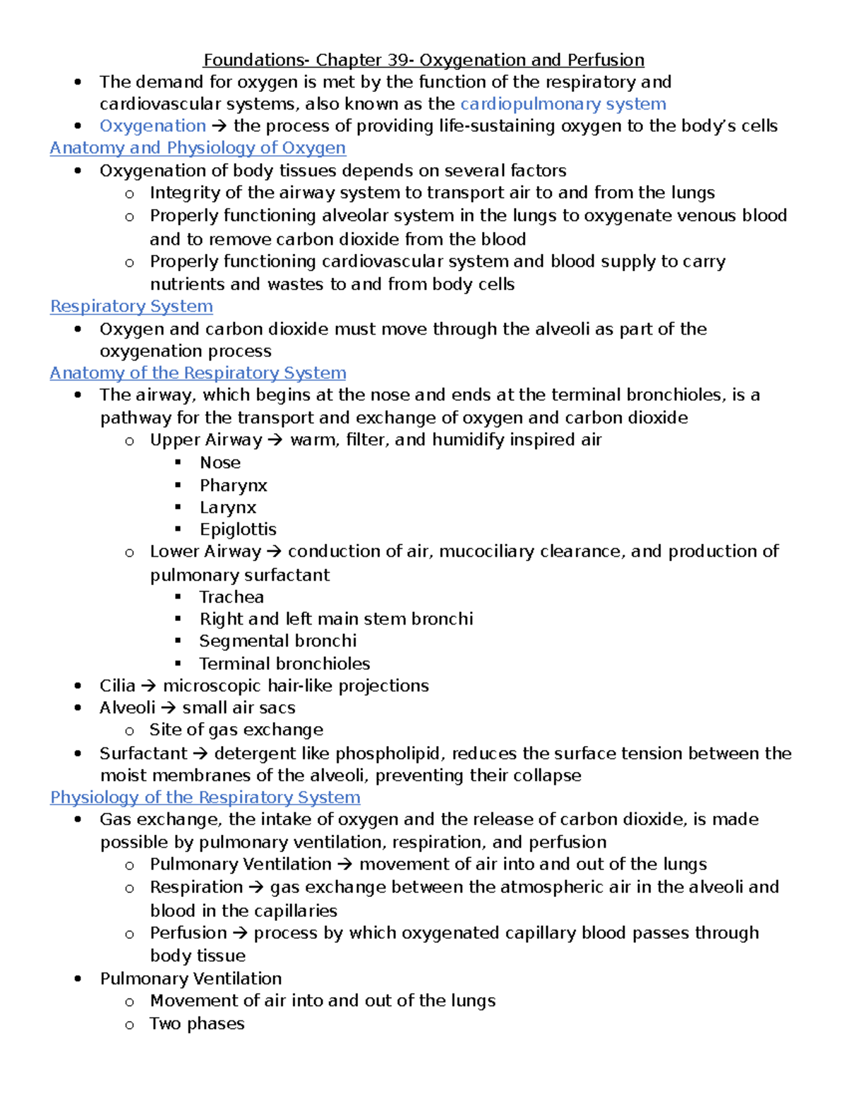 Foundations Chapter 39 Notes - Oxygenation - Foundations- Chapter 39 ...