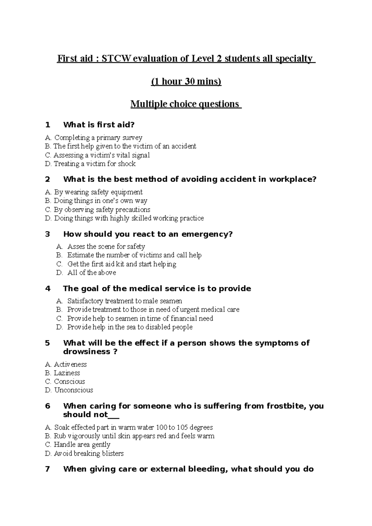 TEST Questions - firstaide - First aid : STCW evaluation of Level 2 ...