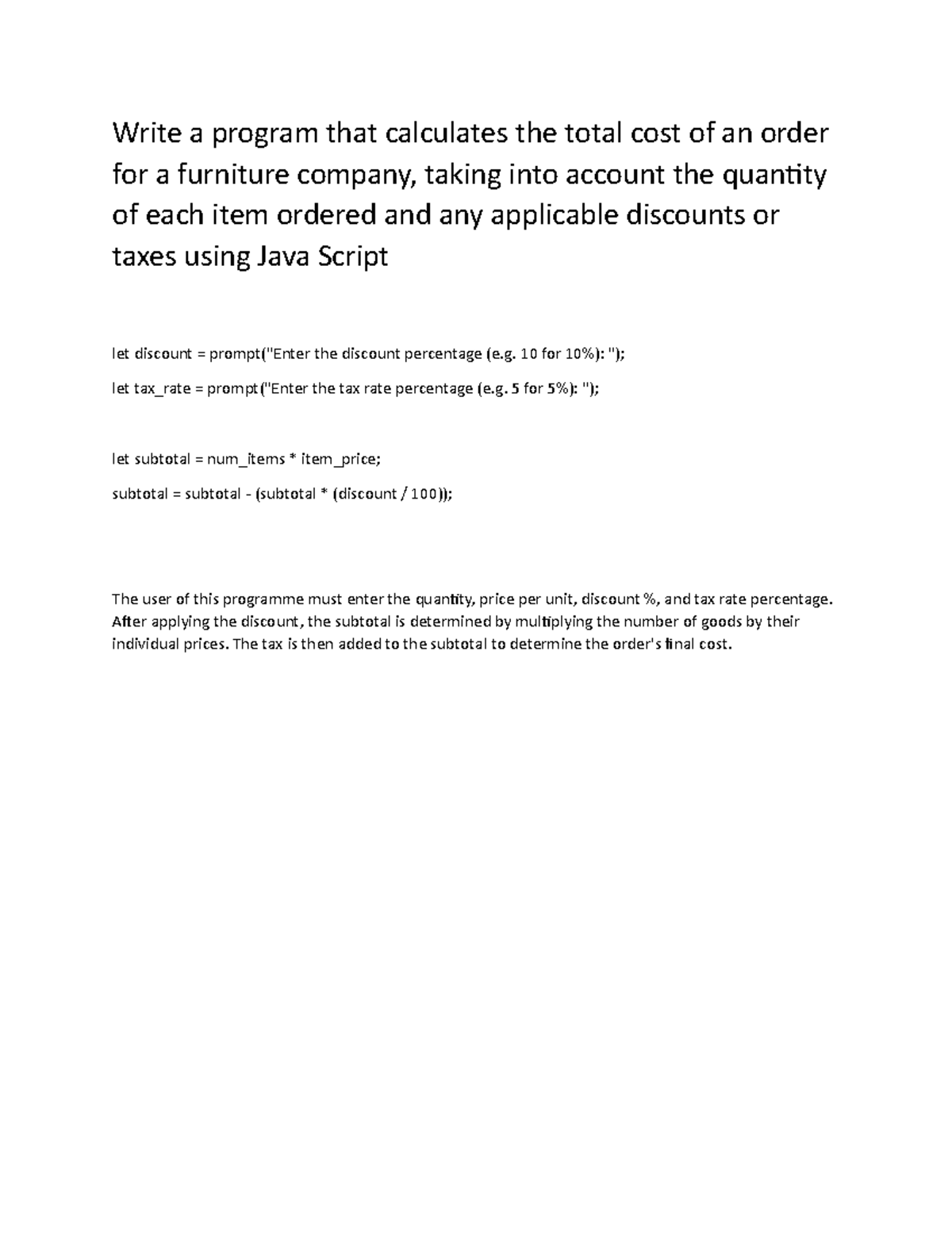 Comp6080total costJavascript Write a program that calculates the