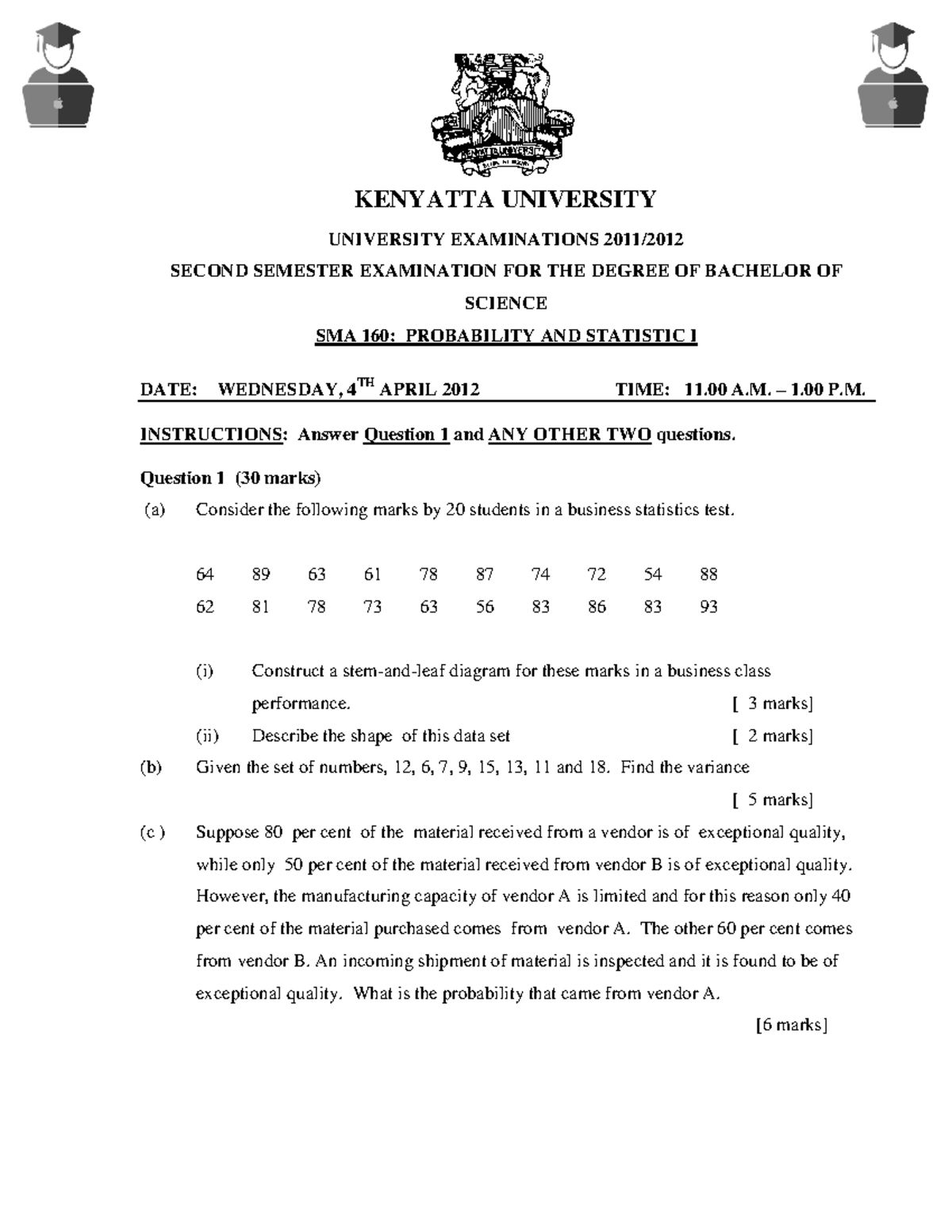 SMA 160 Past Exam Paper April 2012 - Page 1 of 4 KENYATTA UNIVERSITY ...