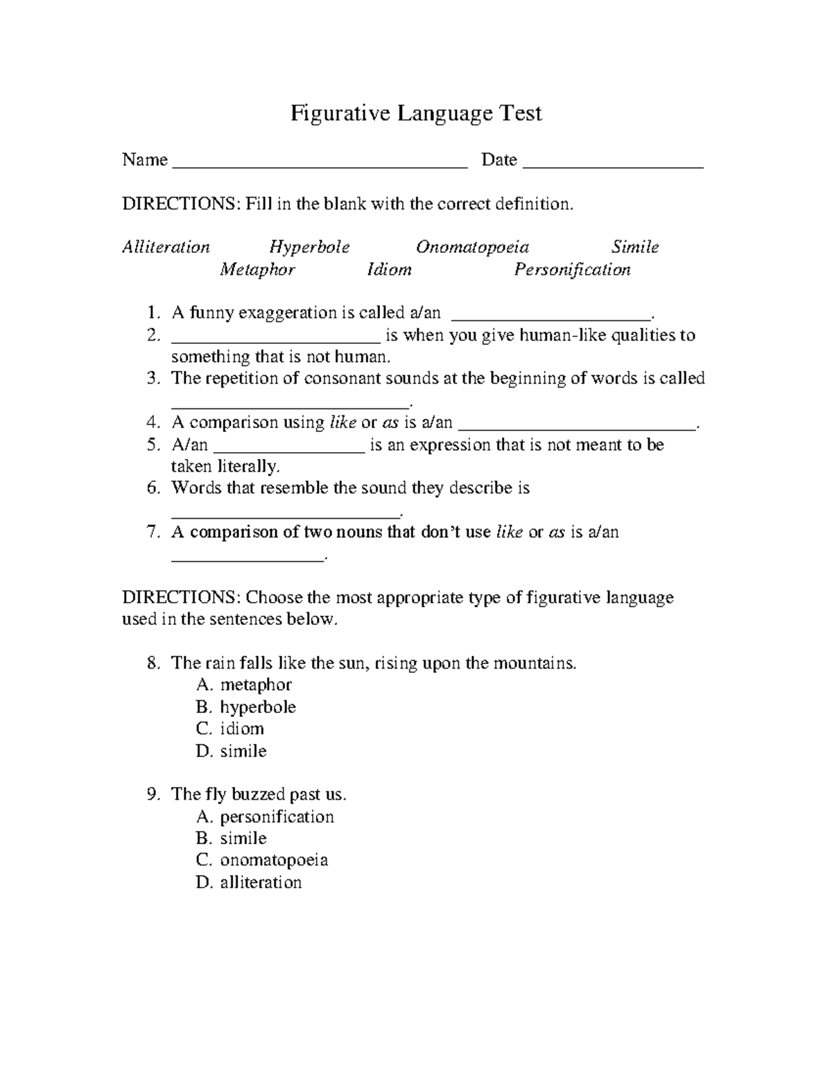 Figurativelanguageassessment 2-5 - Figurative Language Test Name