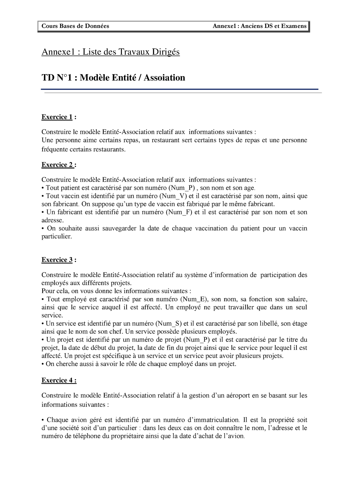 Travaux Diriges Ds Et Examen - Annexe1 : Liste Des Travaux Dirigés TD N ...