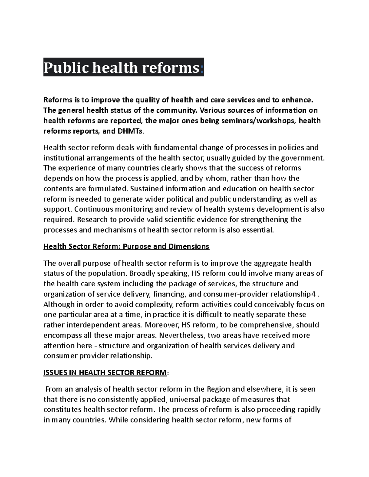 Public health reforms Lecture notes 1 Public health reforms