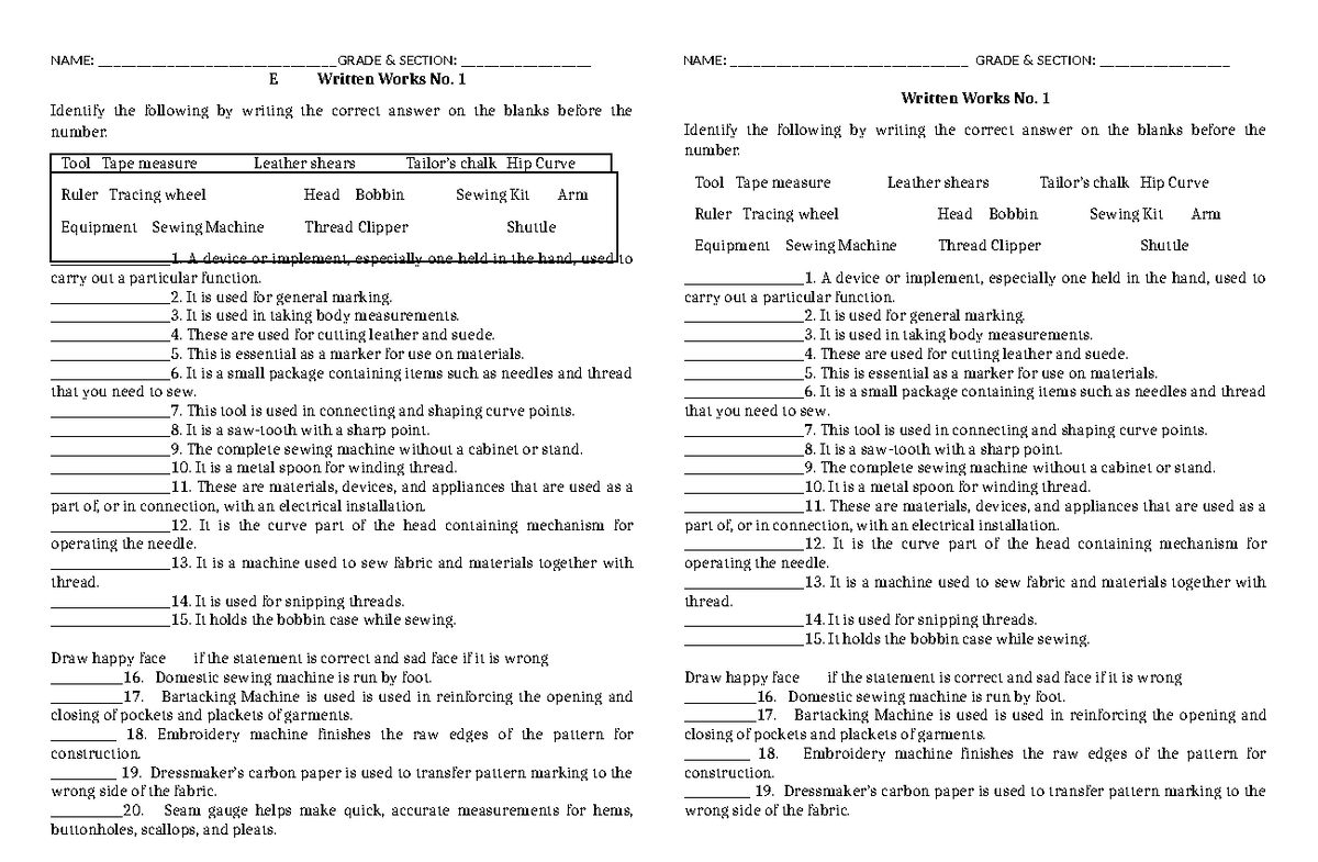 Written Works in Dressmaking - E Written Works No. 1 Identify the ...