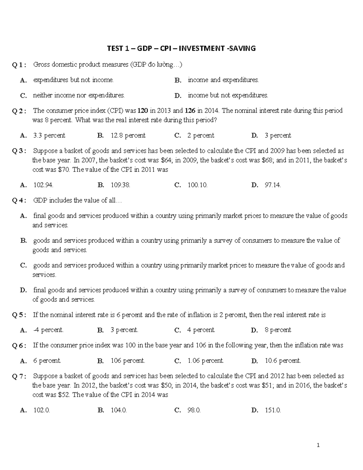 TEST 1 - Macro -GPD CPI -50 câu - co dap an - TEST 1 – GDP – CPI ...