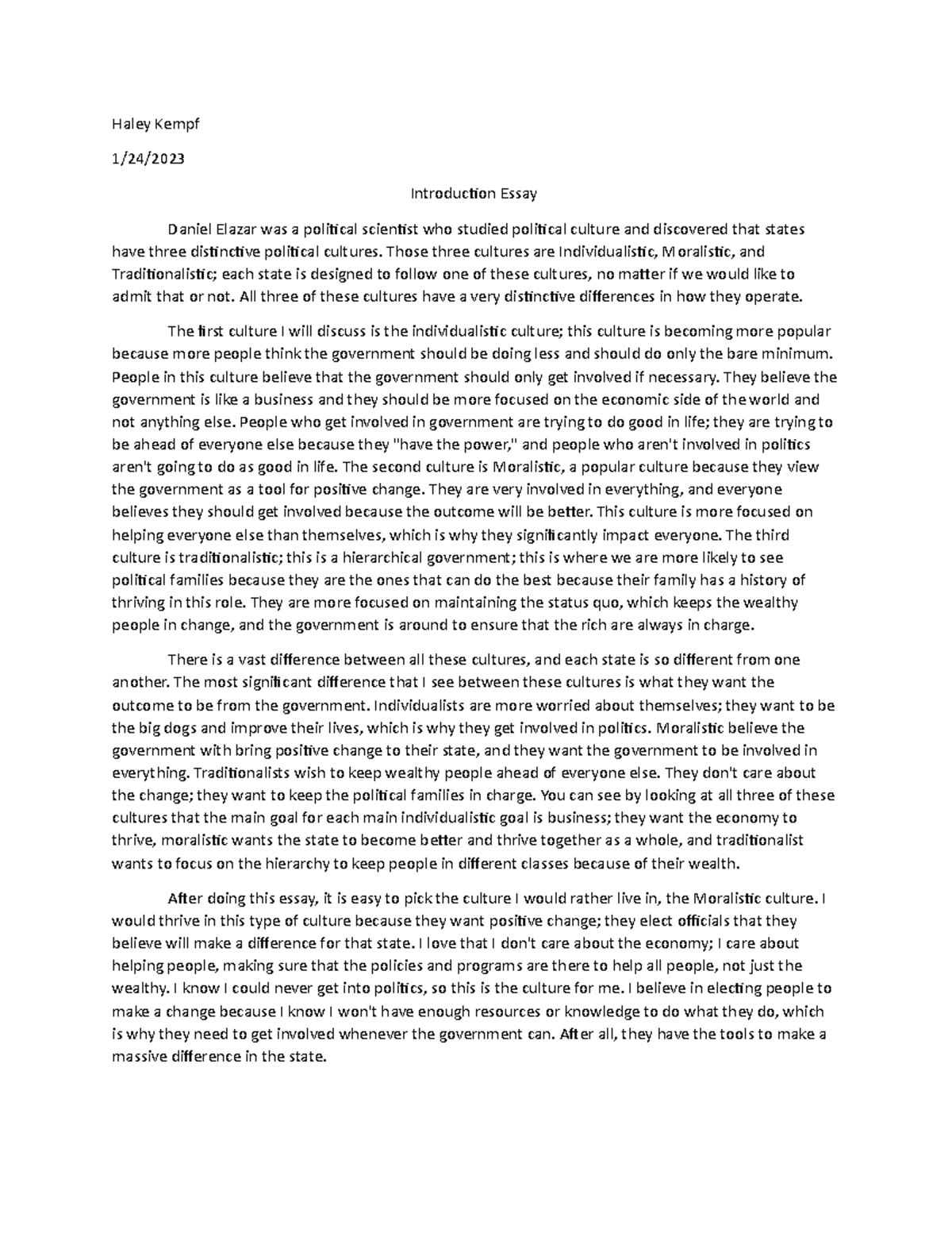 Introduction essay - Haley Kempf 1/24/ Introduction Essay Daniel Elazar ...