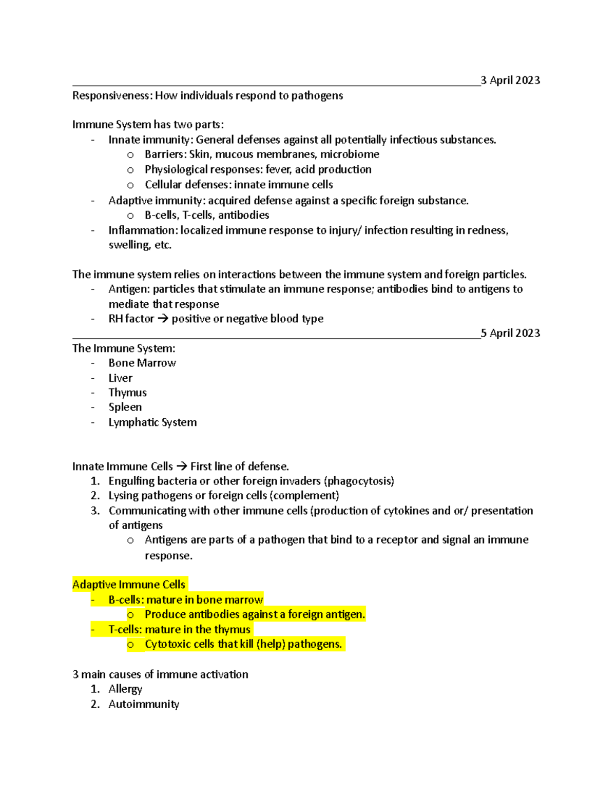 Immune System Notes - Dr. Donley - - Studocu