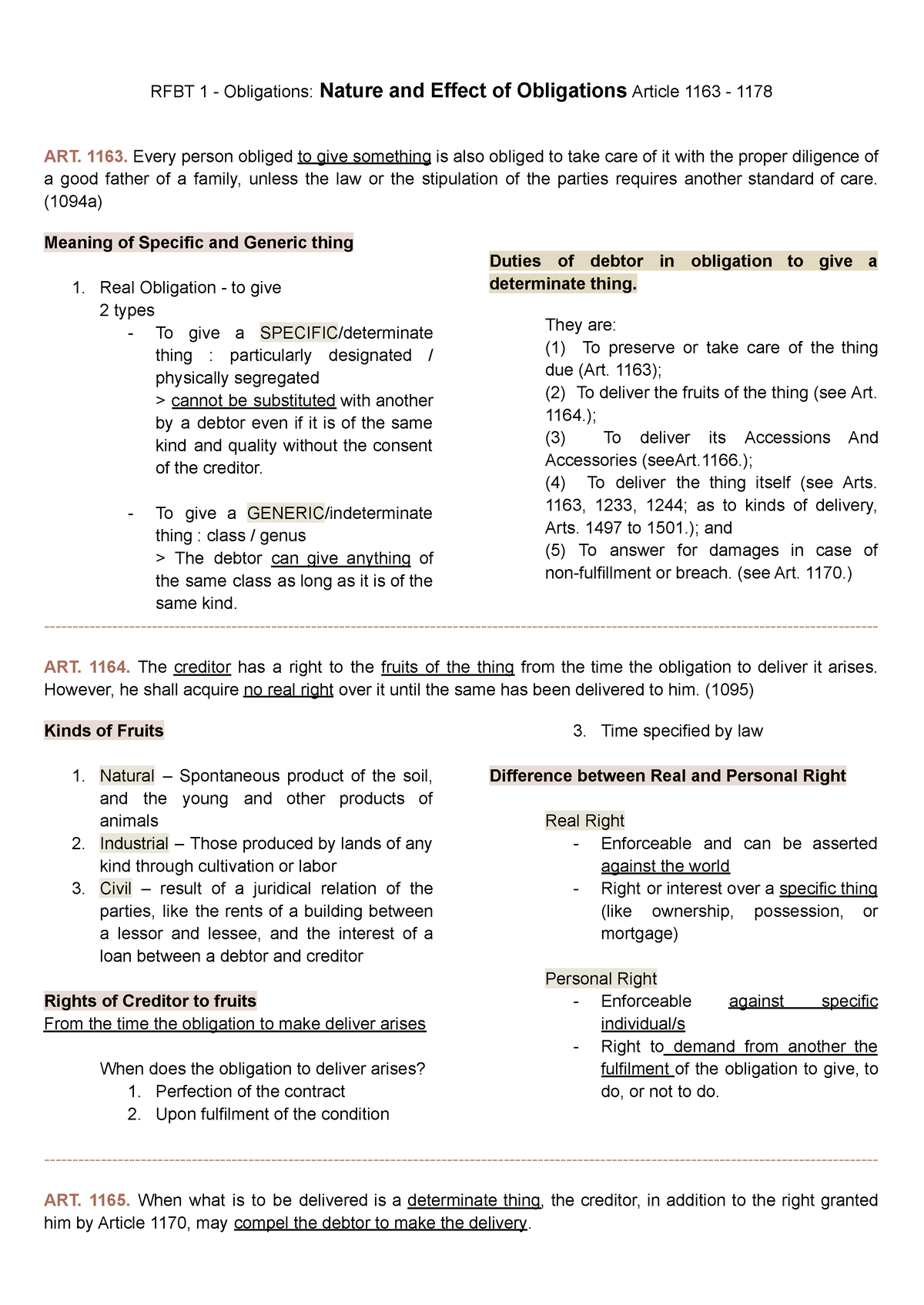 Chapter 2 Nature And Effect Of Obligations Article 1163 - 1178 - RFBT 1 ...