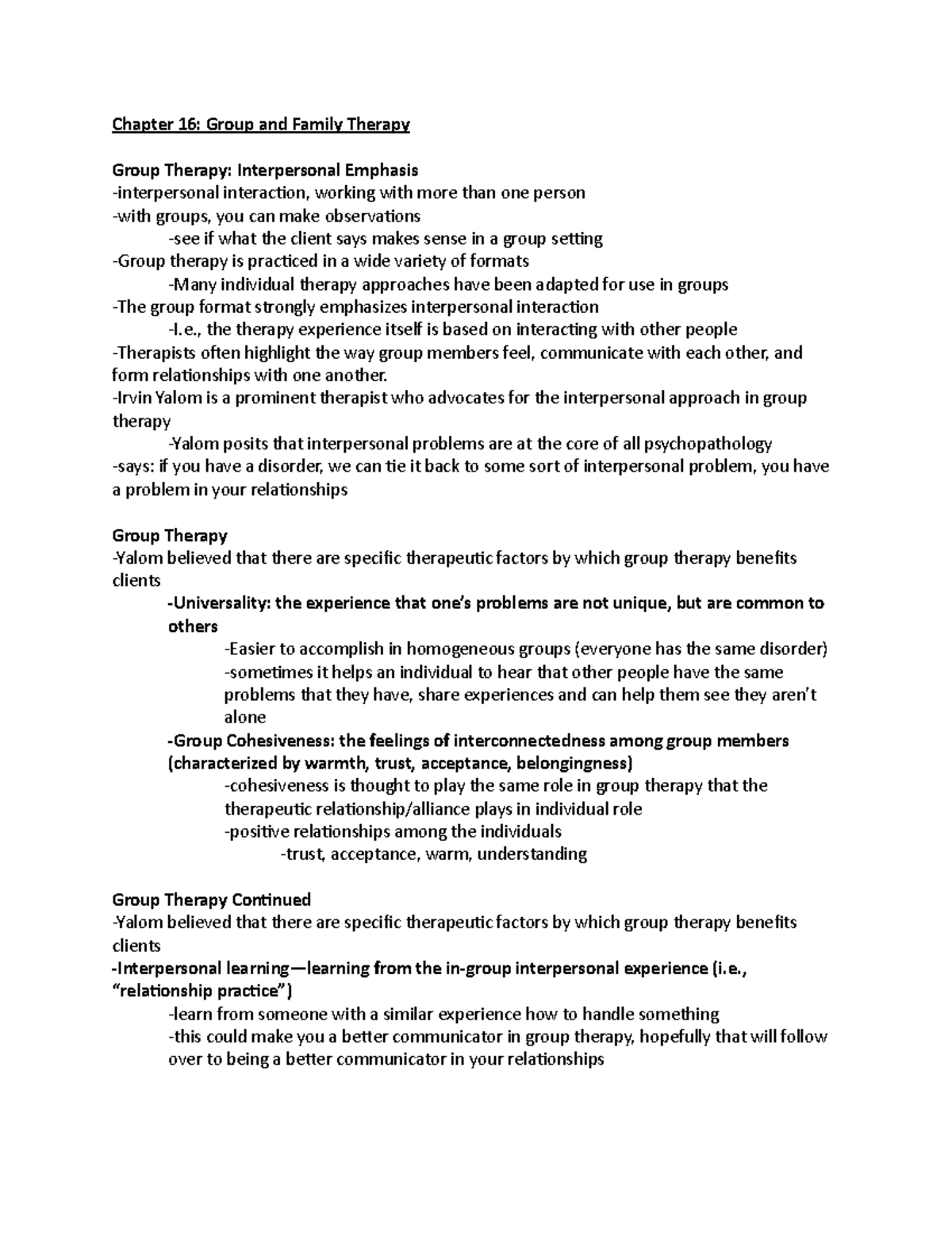 Chapter 16 Lecture Notes - Chapter 16: Group and Family Therapy Group ...