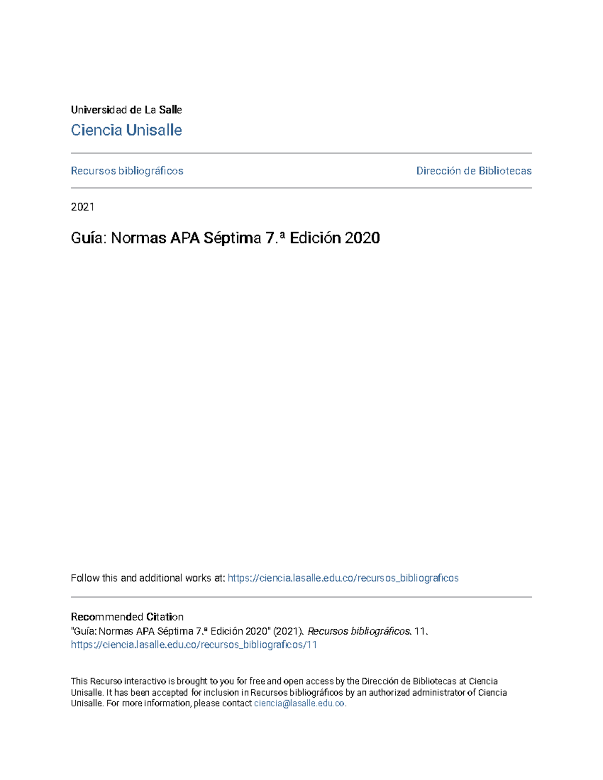 Guía Normas Apa Séptima 7 ª Edición 2020 Universidad De La Salleuniversidad De La Salle