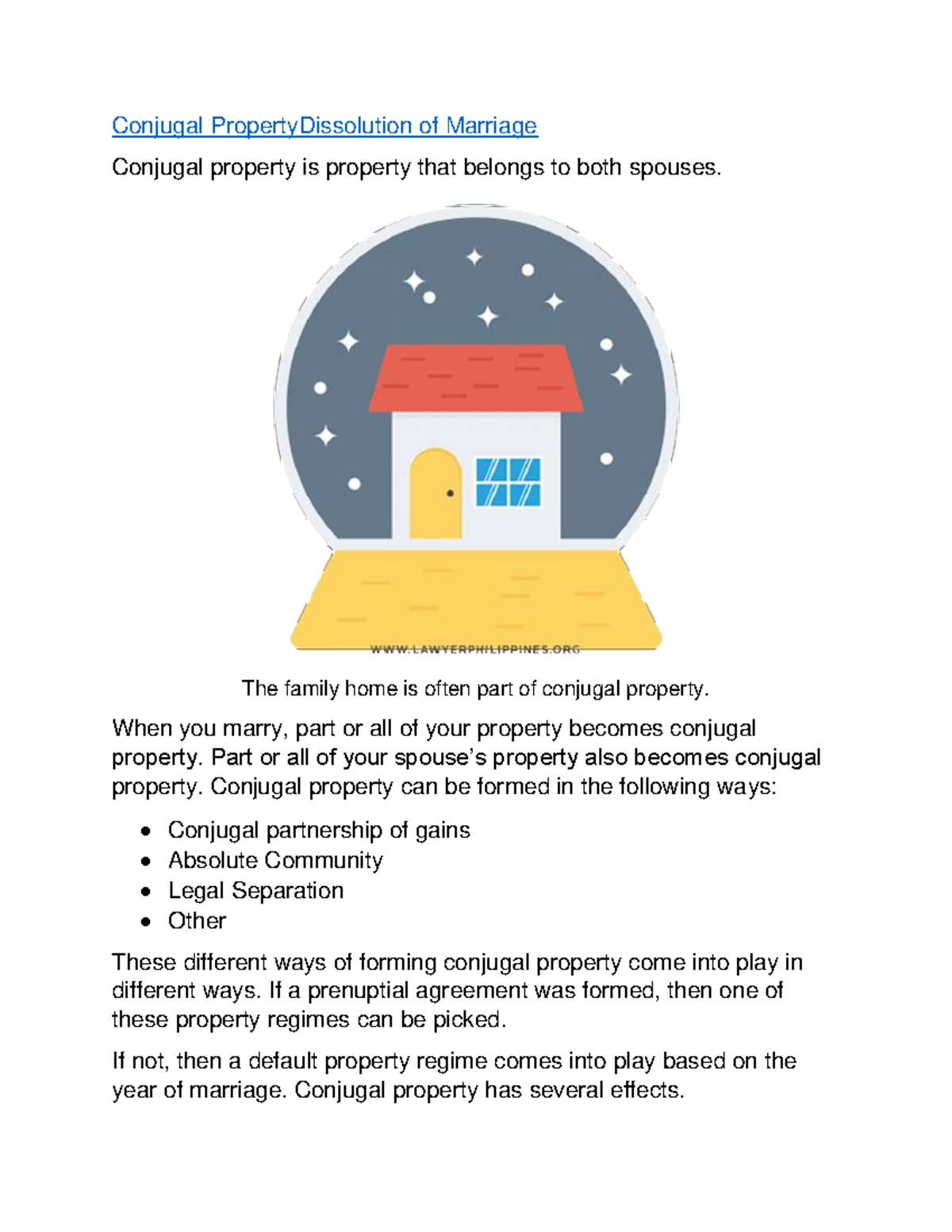 Conjugal Property Lecture notes 1 Conjugal PropertyDissolution of