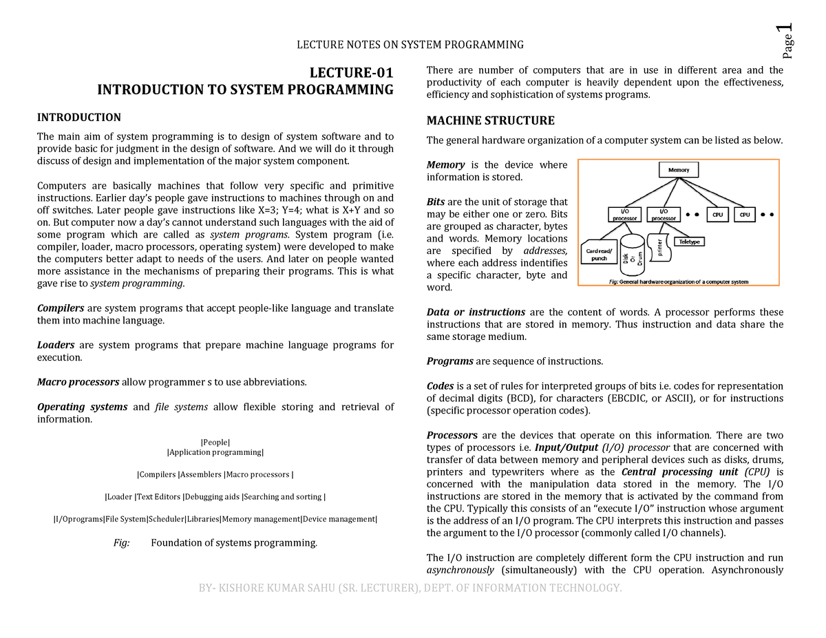 01.Introduction To System Programming - LECTURE NOTES ON SYSTEM ...