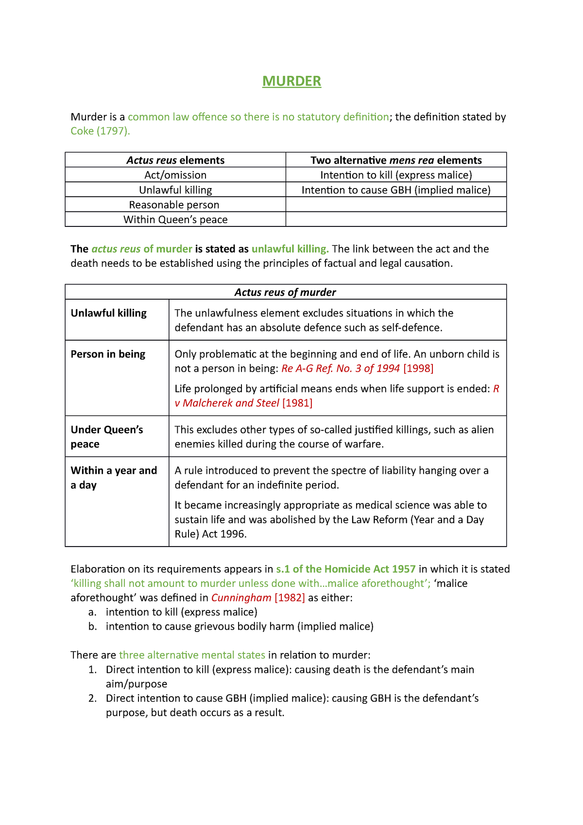 revision-notes-criminal-law-summary-murder-murder-is-a-common-law-offence-so-there-is-no