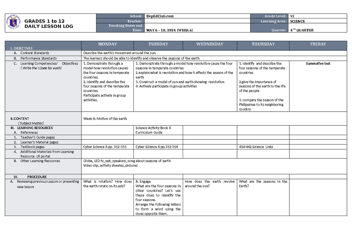 DLL Science 6 Q4 W6 - GRADES 1 to 12 DAILY LESSON LOG School: DepEdClub ...