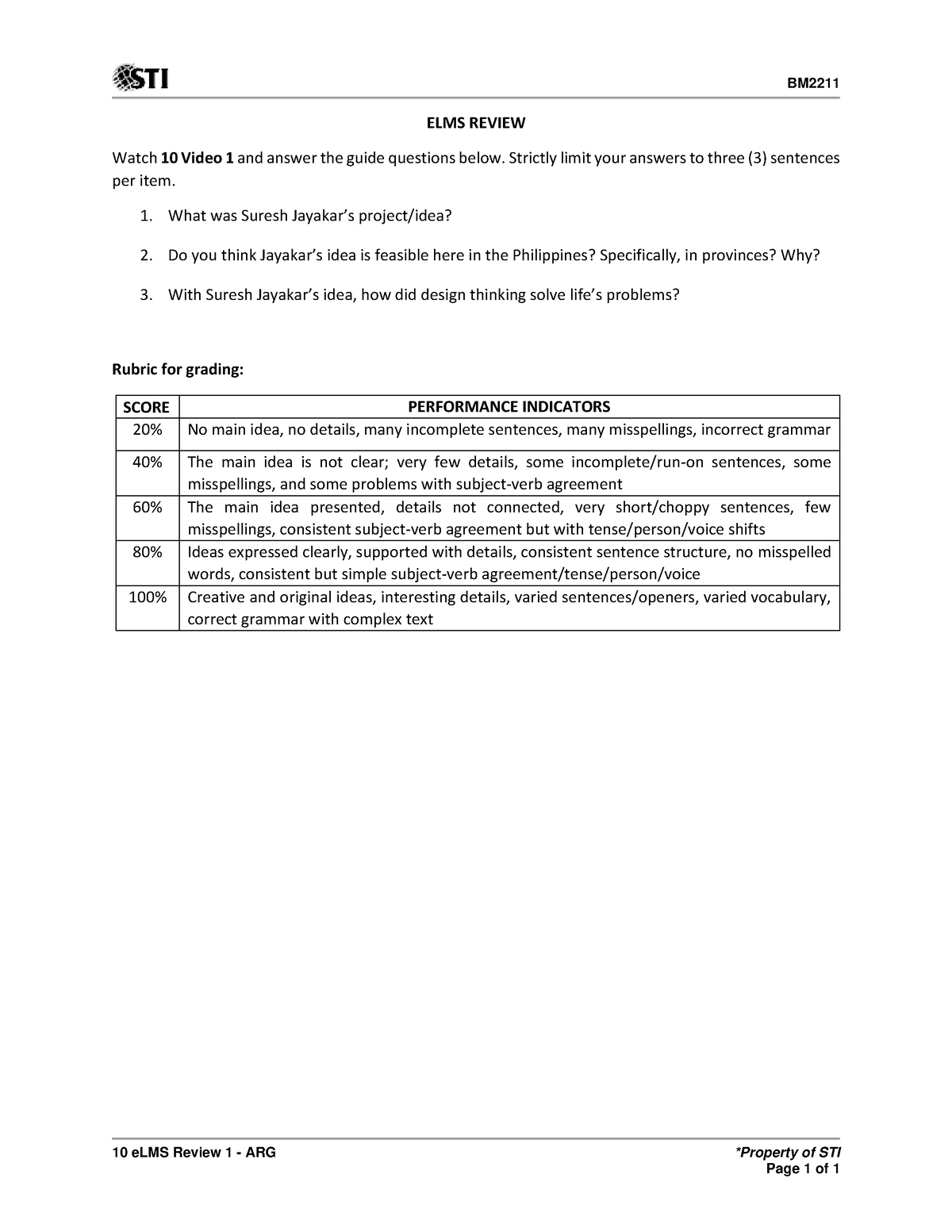 handout12234566 - BM 10 eLMS Review 1 - ARG *Property of STI Page 1 of ...