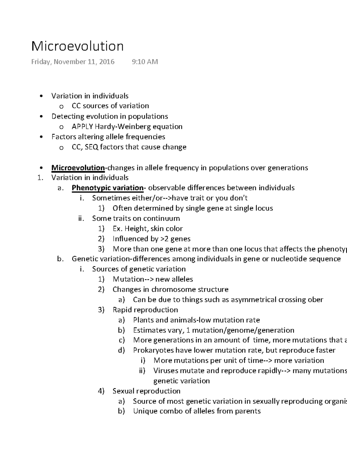 Microevolution - Lecture notes 17 - Microevolution Friday, November 11 ...