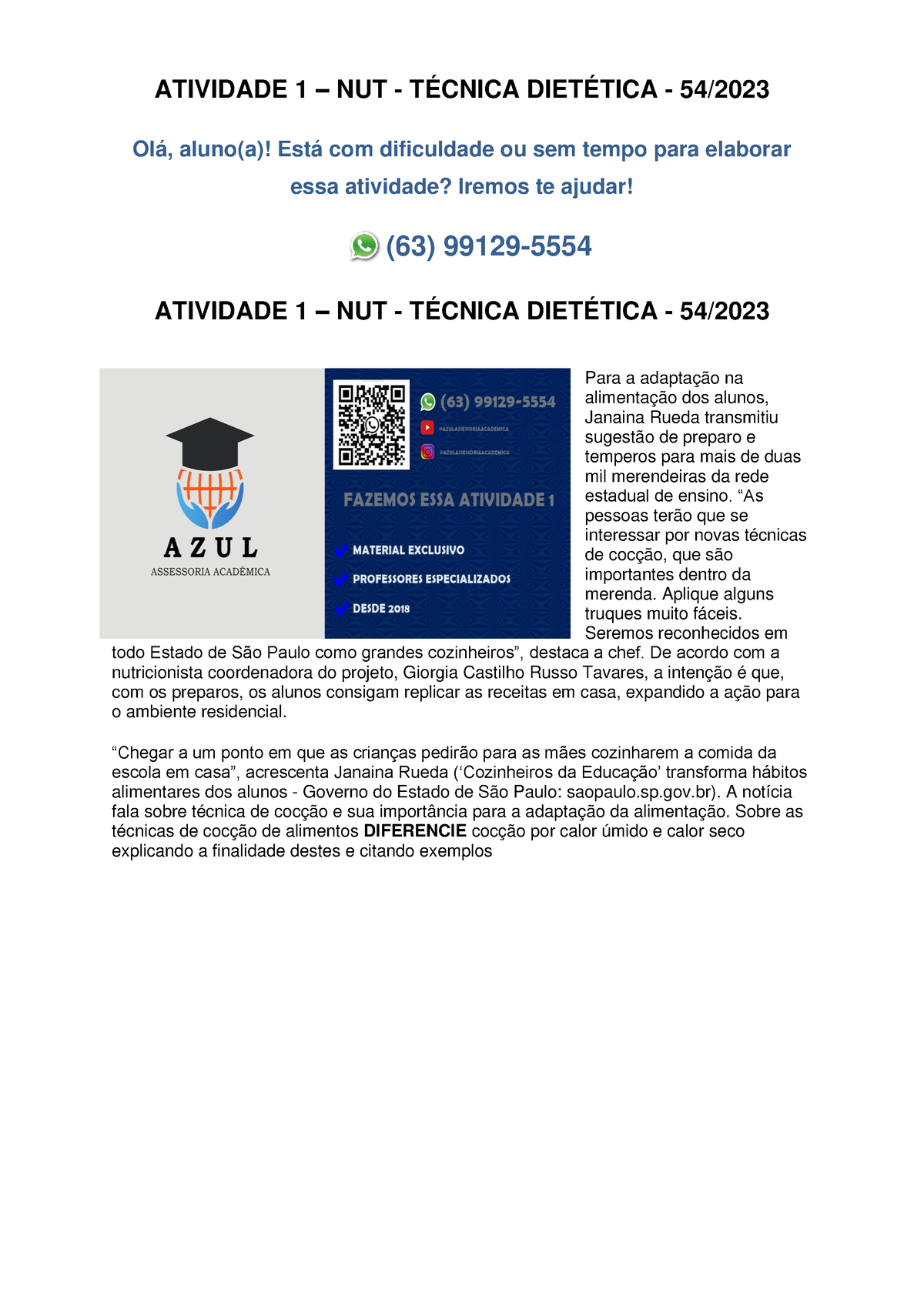 Atividade 1 – NUT - Técnica Dietética - 54/2023 - ATIVIDADE 1 – NUT ...