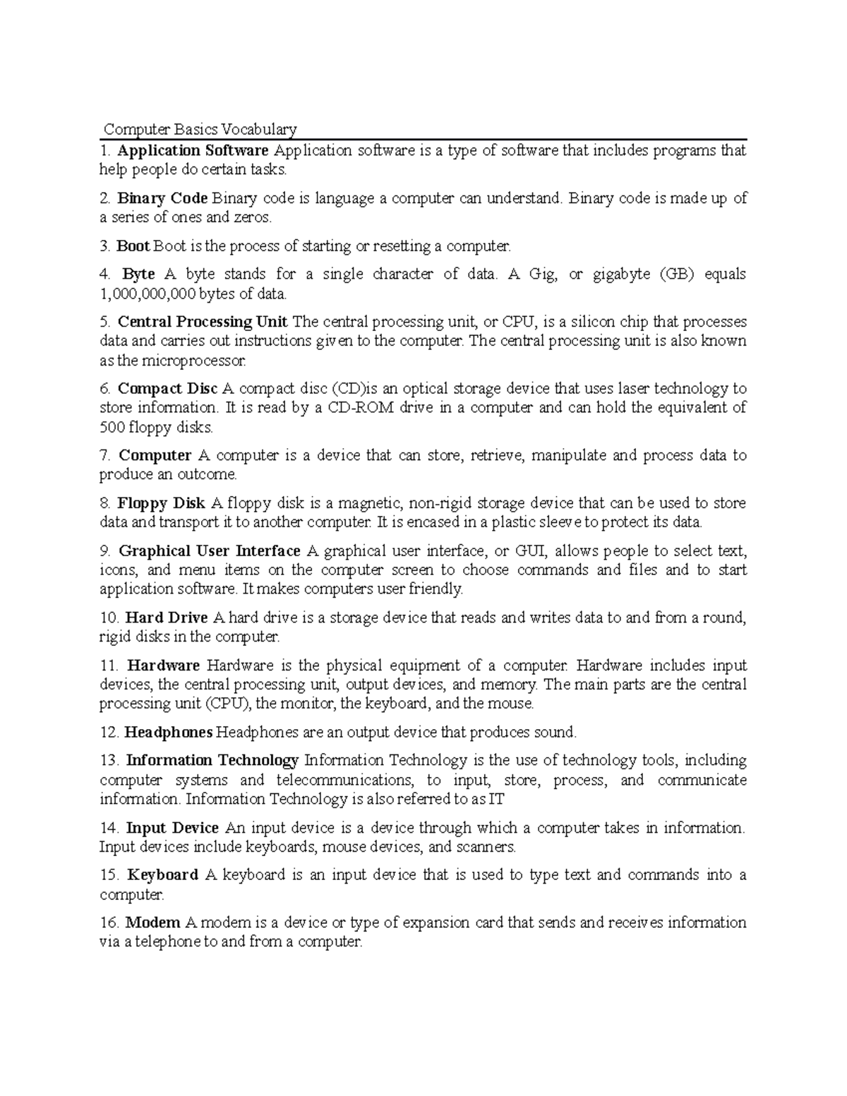 Computer Basics Vocabulary Computer Basics Vocabulary Application