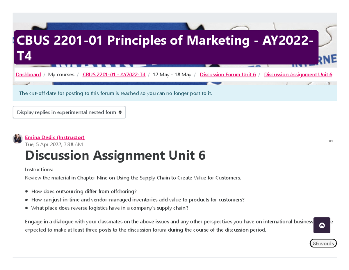 C BUS 2201-01 - AY2022-T4 Discussion Assignment Unit 6 - CBUS 2201-01 ...