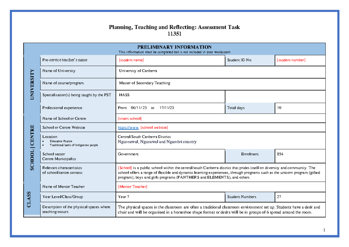 Exemplar Assessment 3 Reflective report - Planning, Teaching and ...