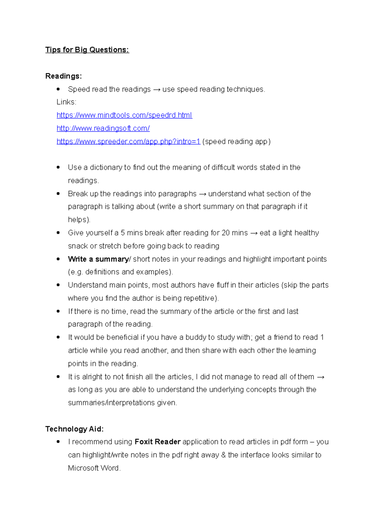 Tips for big questions - Tips for Big Questions: Readings: Speed read ...