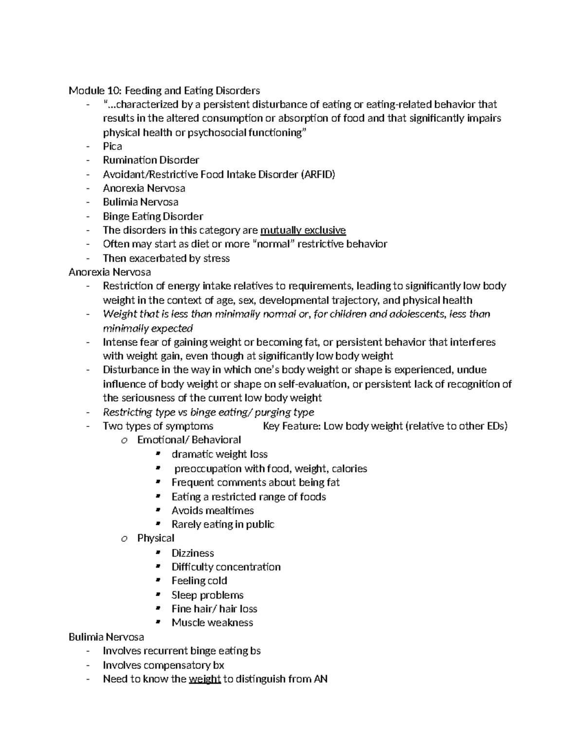 Test 3 Notes - Module 10: Feeding and Eating Disorders - “.. by a ...