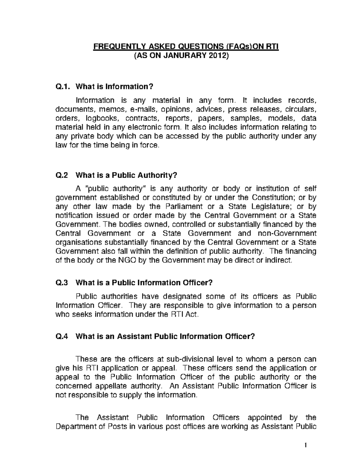 FAQ RTI 2012 - FAQ - FREQUENTLY ASKED QUESTIONS (FAQs)ON RTI (AS ON ...
