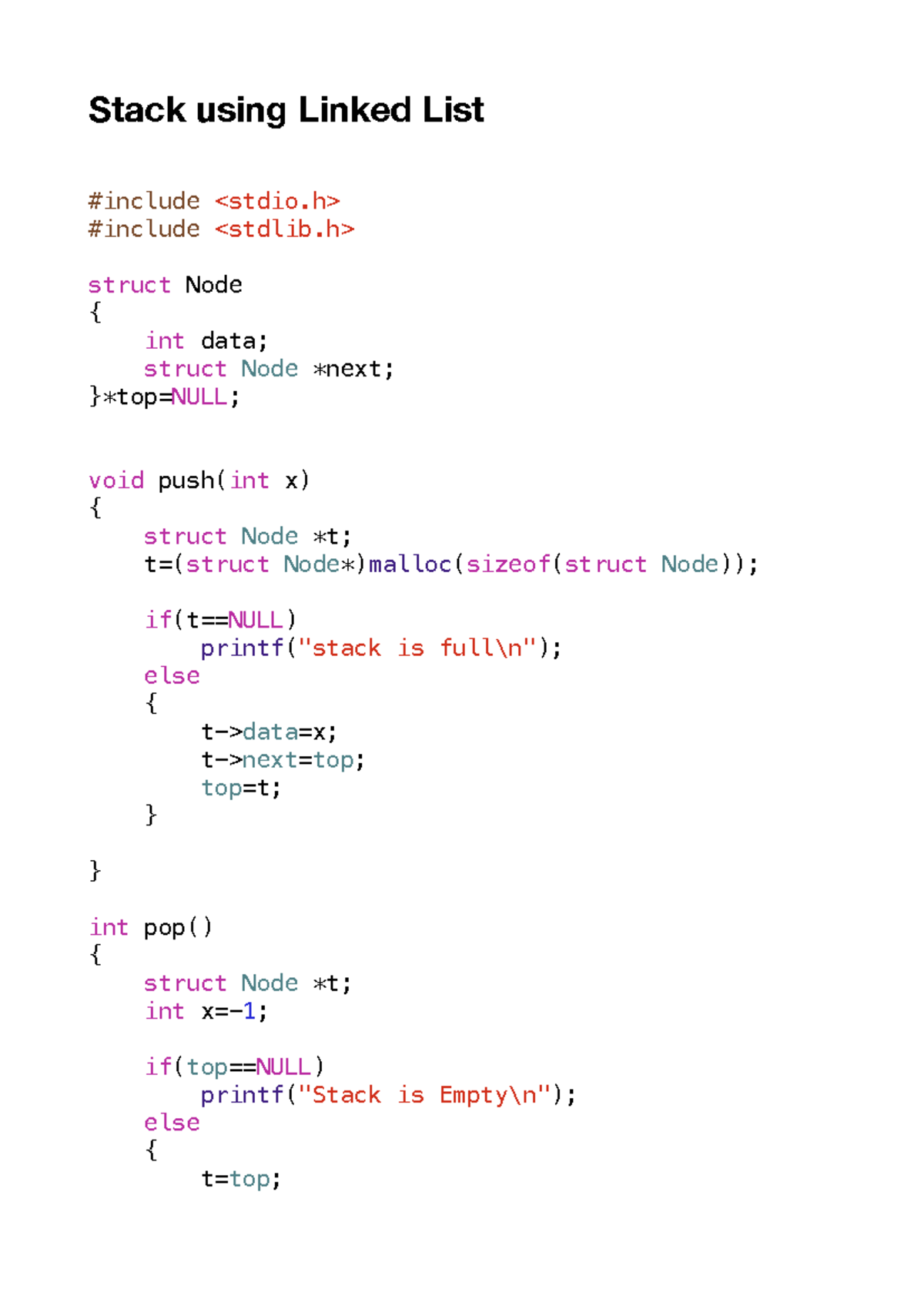notes on dsa and algo - Stack using Linked List #include #include - Studocu