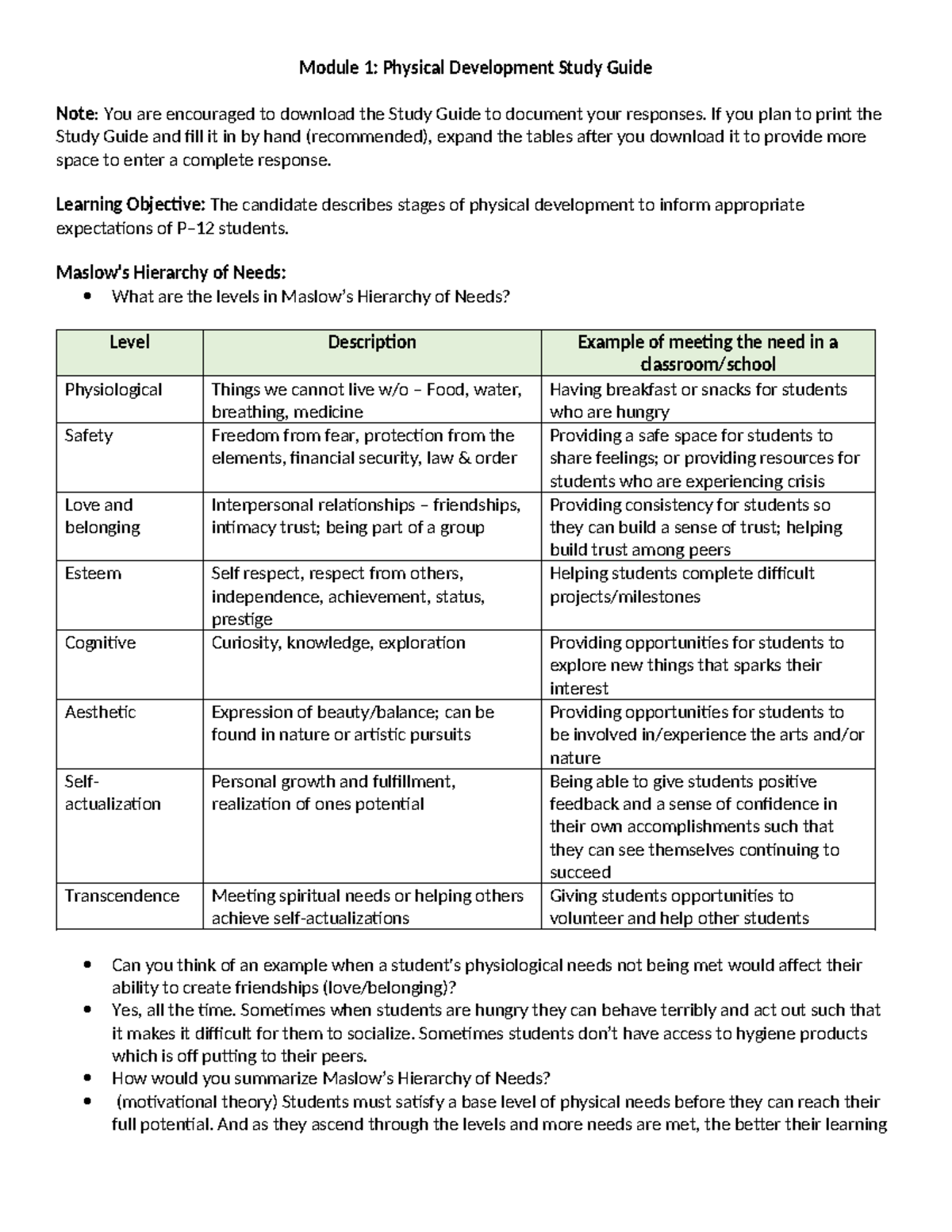 Physical Development Study Guide (module 1) - Module 1: Physical ...