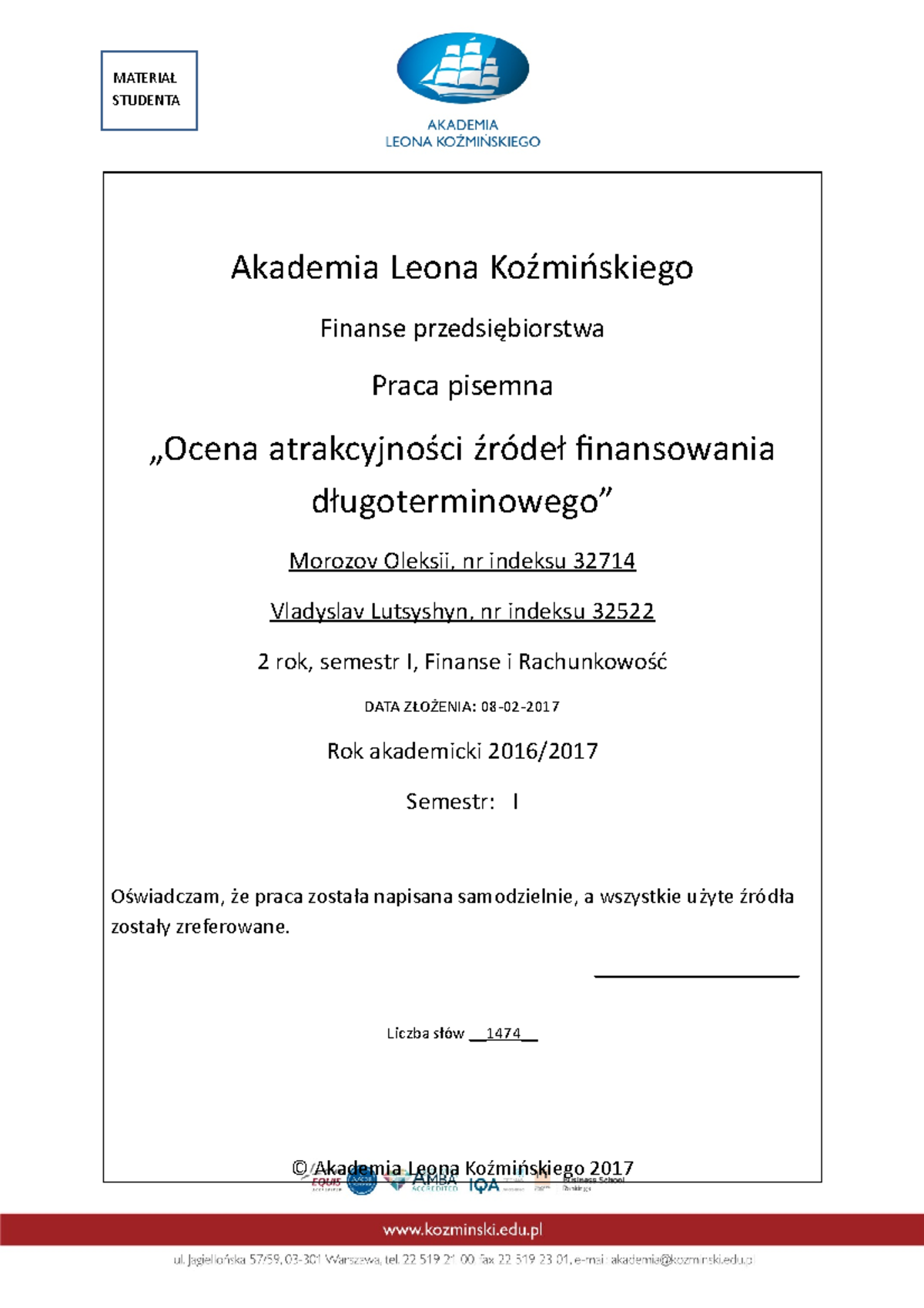 Essej Finanse Przedsi 281 Biorstwa 1 - Akademia Leona Koźmińskiego ...