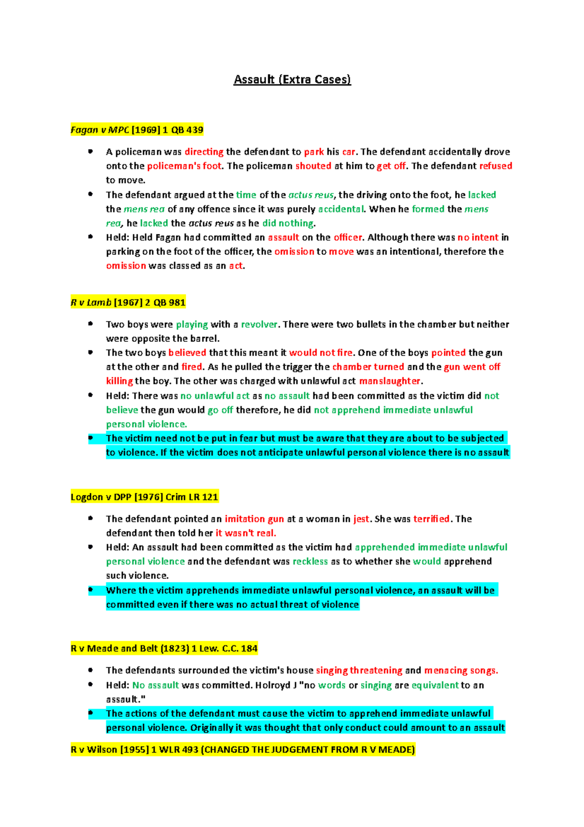Assault and battery cases Assault (Extra Cases) Fagan v MPC [1969] 1
